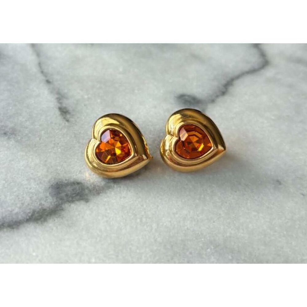 Avon Gold Tone Heart Clip On Earrings Orange Citrine Color Rhinestone